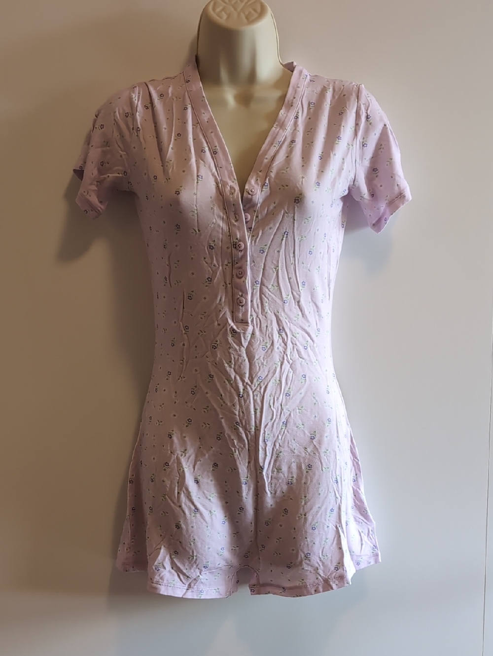 Light Lilac Floral Henley Short Romper Pajama